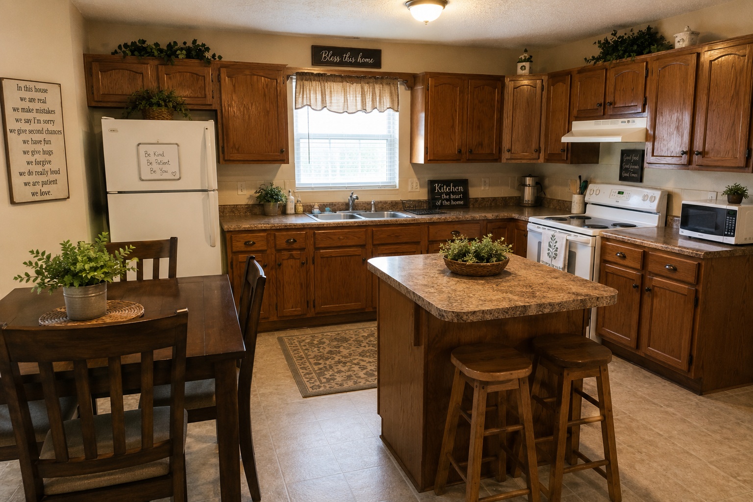 Shared kitchen and dining area at Hollands Haven with an island, seating, and home decor